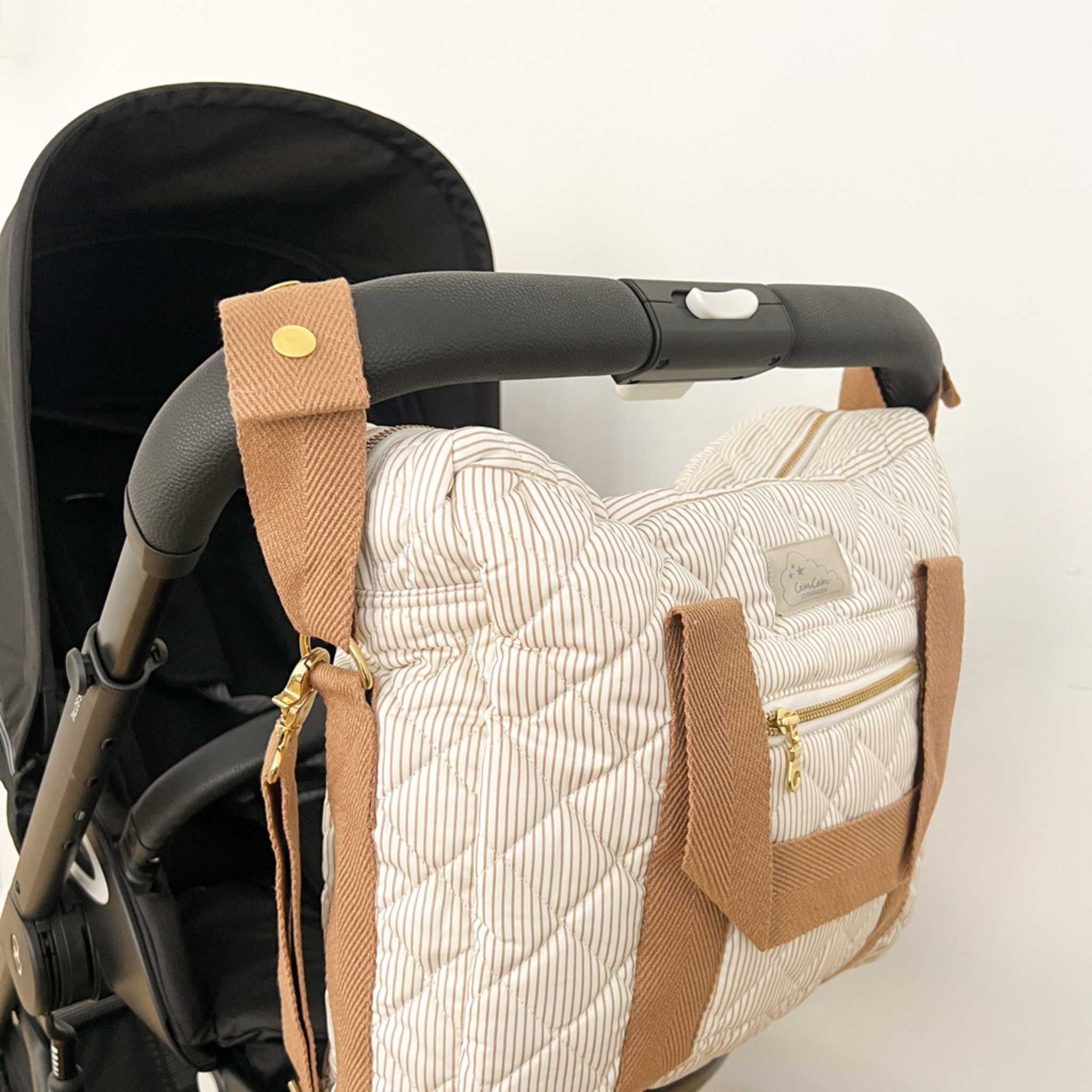 Cam Cam Quilted Changing Bag Classic Camel Stripes - On Pram